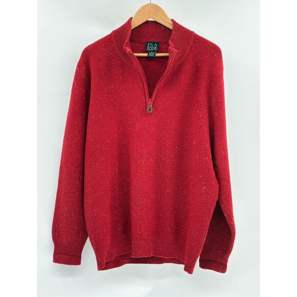Jos A Bank Sweater 1/4 Zip Men Large Red Speckled Mock‎ Neck Pullover Wool Blend